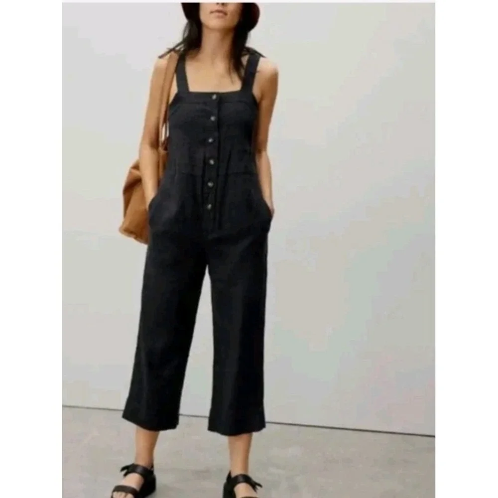 Everlane Linen Picnic Jumpsuit Womens 12 Black Button Belted Adjustable Straps